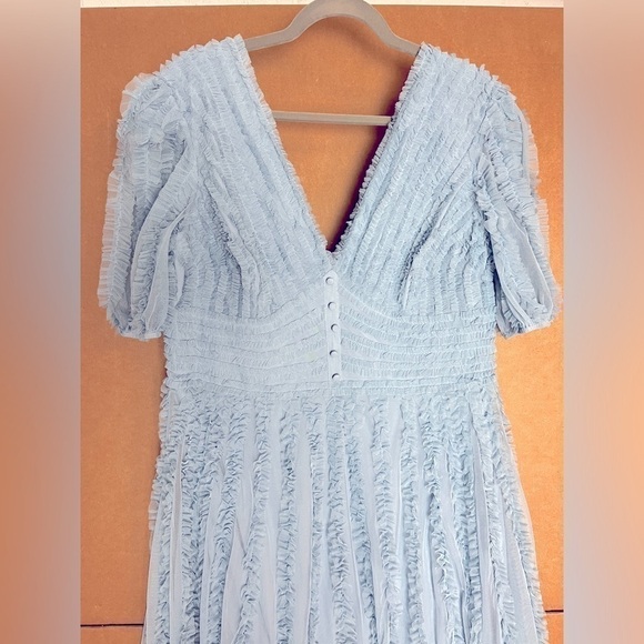 Mac Duggal 8050 Puff Sleeve Ruffle Aline Gown French Blue - Picture 6 of 12